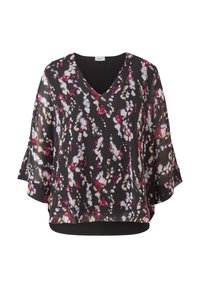 Blouse noire à manches trois-quarts amples avec un motif abstrait en blanc, beige et rouge, dotée d'un col en V et d'un ourlet superposé.