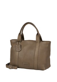 Bruine leren totebag met een gestructureerde afwerking, dubbele handvatten, een afneembare schouderband en een decoratief label. Beschikt over een ruime ontwerp.