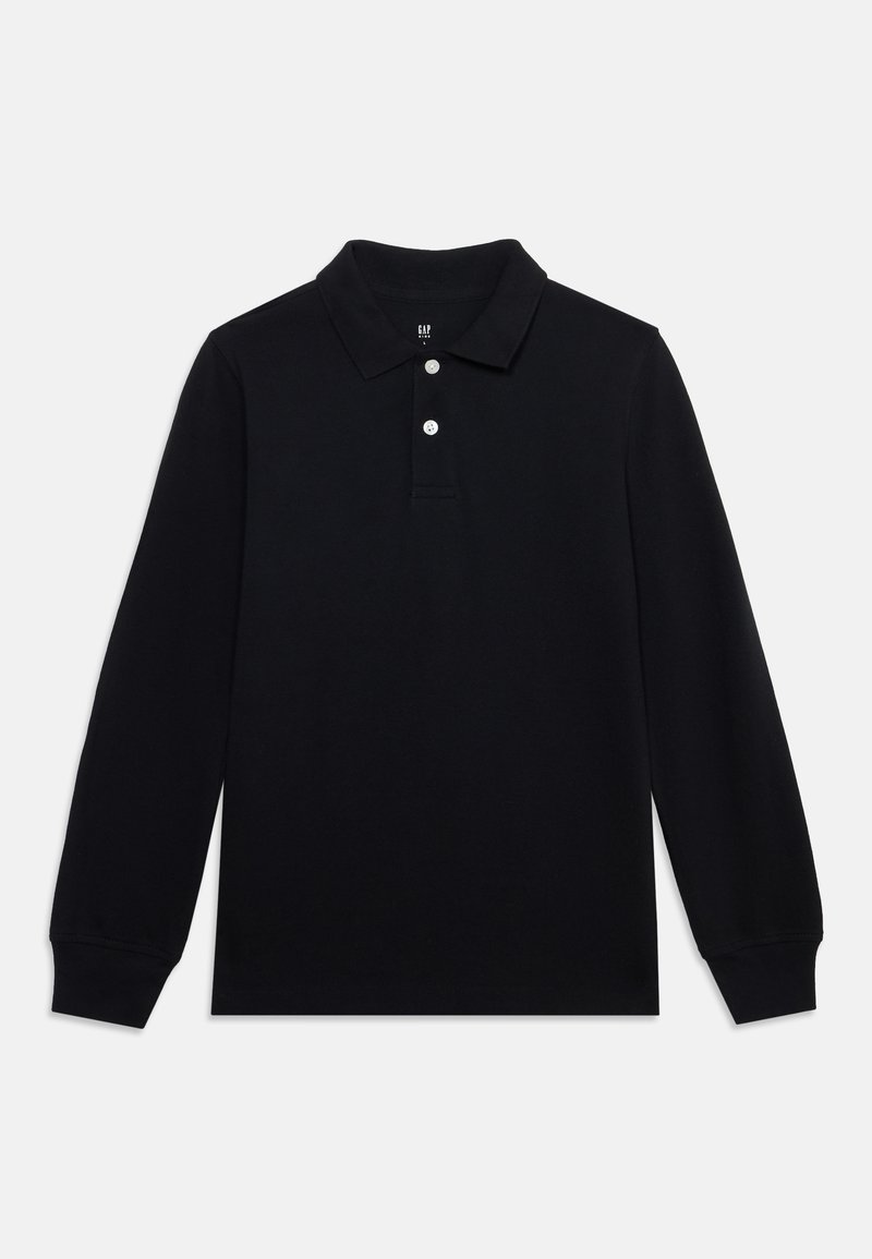 Polo noir à manches longues avec deux boutons blancs et un col classique, présenté sur un fond clair uni.