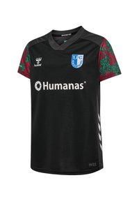 Maglia da calcio nera con maniche a motivi rossi e verdi, badge del 1. FC Magdeburg, logo Hummel e sponsor Humanas sul davanti.