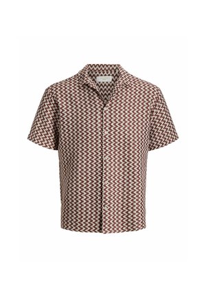 Chemise à manches courtes à boutons avec motif géométrique rouge et blanc et col à pointes, présentée sur fond blanc.
