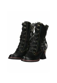 Botines negros de ante hasta el tobillo con un respaldo de estampado de leopardo, costuras coloridas y un tacón bajo. Presentan un cierre de cordones en la parte frontal y herrajes decorativos.