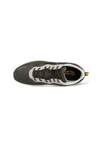 Sneaker met een donkergroene mesh en suede bovenkant, beige accenten, stevige grijze veters en een bruine logo-label op de hiel. Platte rubberen zool.