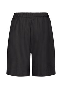 Shorts noirs mi-cuisse avec taille élastique et passants pour ceinture, en tissu texturé léger, présentés sur fond blanc.