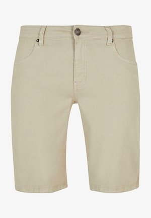 Beżowe szorty dżinsowe o prostym kroju, z pięcioma kieszeniami, zapięciem na guzik i podwójnie szytymi brzegami dla większej trwałości.