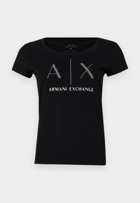 Camiseta de algodón negra de manga corta, con un escote redondo y un diseño gráfico con "A|X ARMANI EXCHANGE" en strass.