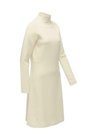 Cremetfarbendes Kleid aus glattem Material, mit hohem Kragen, langen Ärmeln und einem geraden Schnitt mit minimalen Nähdetails.