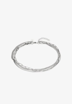 Silbernes Multi-Chain-Armband mit verschiedenen Gliederdesigns, einer strukturierten Oberfläche und einem Verschluss mit verstellbarer Kettenerweiterung.