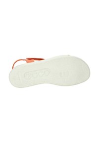 ECCO sandal featuring a white textured sole, orange strap, and adjustable buckle. Sleek design with durable materials.