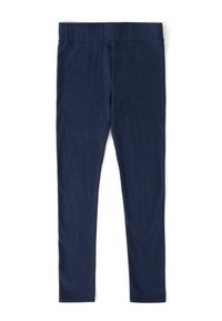 Tamno plave tajice od rastezljivog materijala, s glatkom teksturom i prilagođenim dizajnom s elastičnom strukom za udobnost.