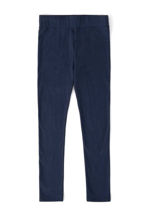 Marineblauwe legging gemaakt van rekbaar materiaal, met een gladde textuur en een aansluitend ontwerp met een elastische taille voor comfort.