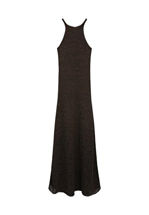 Brown knitted sleeveless dress with a fitted bodice and flared skirt, featuring a subtle texture and a knee-length cut with side slits.