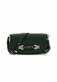 Borsa a tracolla verde in pelle con superficie testurizzata, hardware in argento e una placca centrale con logo. Presenta una tracolla staccabile.