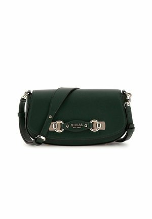 Borsa a tracolla verde in pelle con superficie testurizzata, hardware in argento e una placca centrale con logo. Presenta una tracolla staccabile.