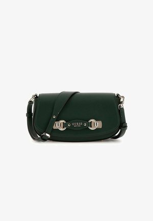 Borsa a tracolla verde in pelle con superficie testurizzata, hardware in argento e una placca centrale con logo. Presenta una tracolla staccabile.