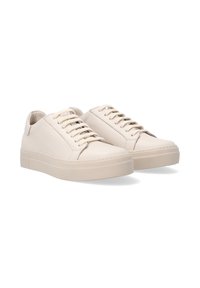 Beige Leder-Sneaker mit runder Zehenpartie, flachen Schnürsenkeln und einer strukturierten Gummisohle. Verfügt über eine genähte Detailverarbeitung an den Schuhkanten.
