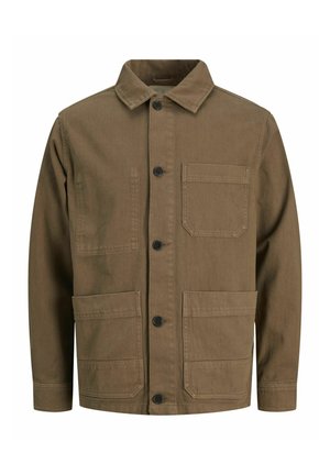Brown cotton jacket with a collar, front button closure, two large front pockets, and a chest pocket. Simple design with visible stitching.