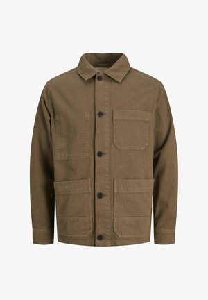 Brūns kokvilnas žakets ar apkakli, priekšējo pogu aizdari, divām lielām priekšējām kabatām un krūšu kabatu. Vienkāršs dizains ar redzamām šuvēm.