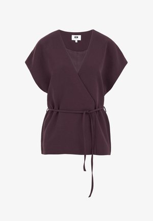 Wrap top in deep plum fabric, featuring short sleeves, a V-neckline, and a tied waistbelt. Smooth texture with minimalist design elements.