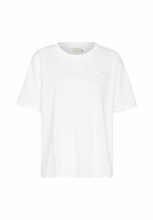 Biała bawełniana koszulka typu t-shirt o luźnym kroju, z krótkimi rękawami, okrągłym dekoltem i małym logo serca na lewej piersi. Gładka tekstura.