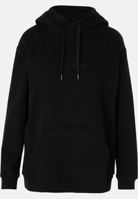 Black pullover hoodie made of soft fleece with a kangaroo pocket, drawstring hood, and embossed "Basics" logo on the front.