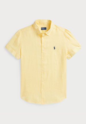 Short-sleeve, button-down shirt in light yellow fabric, featuring a small navy embroidered logo on the left chest, with a collared design.