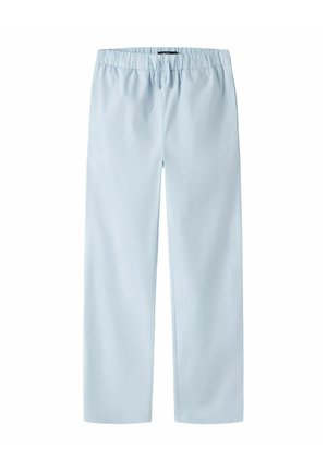 Svetlomodré elastické nohavice s rovnými nohavicami a sťahovacou šnúrkou, vyrobené z hladkej látky bez viditeľných vreciek alebo vzorov.