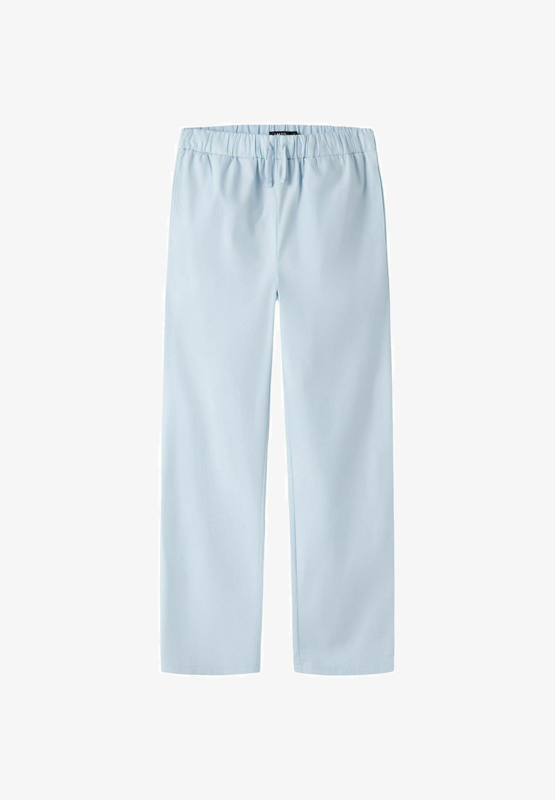 Pantalon droit à taille élastique bleu clair avec cordon de serrage, fabriqué dans un tissu lisse sans poches visibles ni motifs.