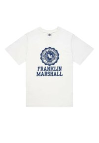 White cotton t-shirt featuring a central blue graphic with "FRANKLIN" and "MARSHALL" text, rounded design accents, and short sleeves.