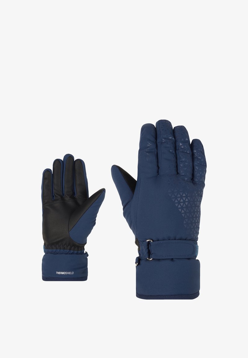 Guantes aislantes azules con un área de agarre texturizada en negro, puños elásticos en las muñecas y un patrón geométrico en el dorso.