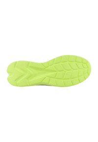 Semelle de chaussure de sport en caoutchouc jaune-vert vif. Présente un motif texturé pour l'adhérence, avec une forme anatomique et de profondes rainures pour la flexibilité.
