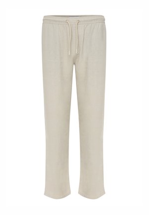 Beige Leinenhose mit elastischem Bund und Kordelzug. Gerader Schnitt ohne dekorative Akzente. Weicher, leichter Stoff.