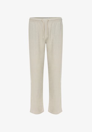 Beige Leinenhose mit elastischem Bund und Kordelzug. Gerader Schnitt ohne dekorative Akzente. Weicher, leichter Stoff.