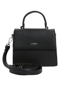 Sac à main en cuir noir avec un design structuré, une poignée supérieure, une bandoulière détachable et un fermoir à rabat à l'avant. Il présente des accents en matériel métallique.