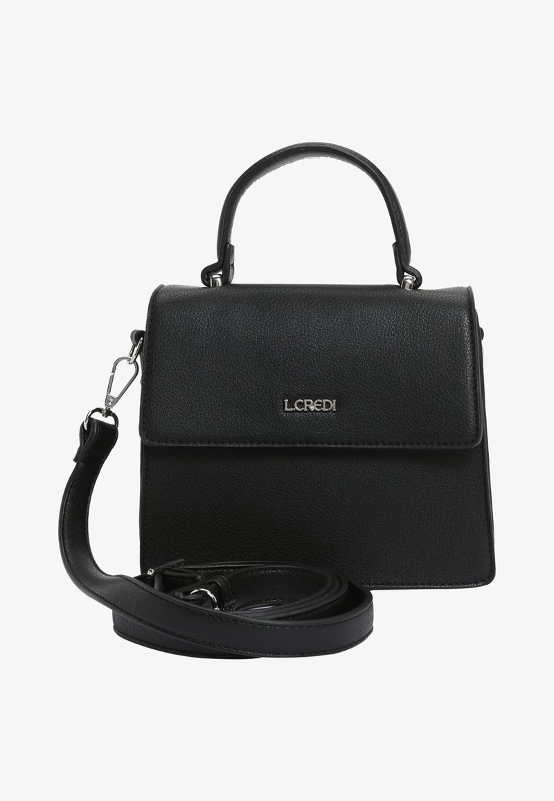 Black leather handbag with a structured design, top handle, detachable shoulder strap, and a front flap closure. Features metal hardware accents.