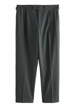 Pantalons gris en tissu texturé, présentant un devant plissé, une fermeture bouton et une coupe droite.