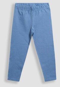 Kék gyermek leggings rugalmas derékkal, egyenes lábakkal és sima szövettel, világos háttér előtt bemutatva.