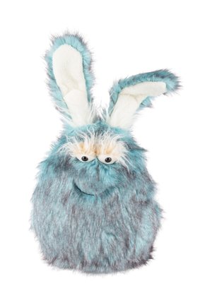 Blau-graues pelziges Plüschtier mit großen Schlappohren, wackeligen Augen und kleinem lächelndem Mund.