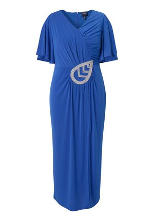 Královská modrá dlouhá šaty s rozšířenými rukávy, nařaseným živůtkem a stříbrnou ozdobou ve tvaru listu z korálků na pasu.