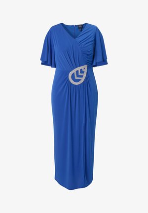 Konjakin sininen lattiaan ulottuva mekko liehuvilla hihoilla, rypytetyllä yläosalla ja hopeisella, helmillä koristellulla lehtikuvioisella yksityiskohdalla vyötäröllä.