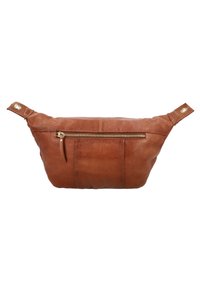 Rudas odinis fanny packas su užtrauktuko priekiu, plokščia forma, suapvalintais kraštais ir dekoratyviniais metaliniais akcentais ant dirželių.