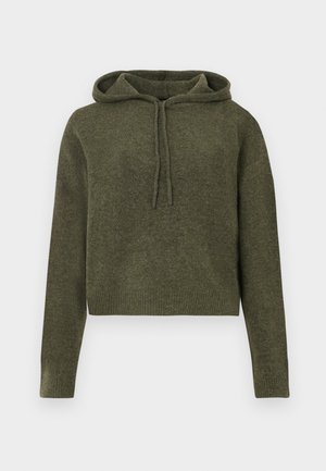 Rövidített, olívazöld kapucnis pulóver textúrált anyagból. Fűzős kapucnival és bordázott mandzsettával, valamint aljjal rendelkezik. Hosszú ujjak, egyszerű dizájn.