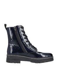 Botte de combat bleu marine brillante avec lacets noirs, fermeture éclair latérale, languette de tirage, semelle noire épaisse et détails de couture blanche.
