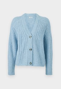 Cardigã de malha azul-claro com decote em V, mangas compridas e cinco botões na frente, com punhos e bainha canelados.