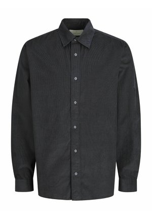 Camisa de botón de pana gris oscuro con cuello, mangas largas y un acabado texturizado. Presenta botones a juego a lo largo del frente.