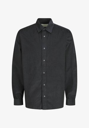 Camicia button-up in corduroy grigio scuro con colletto, maniche lunghe e finitura testurizzata. Presenta bottoni abbinati lungo la parte anteriore.