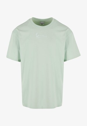 Mintgrønn bomull T-skjorte med rund hals, korte ermer og en hvit brodert logo på forsiden. Enkel, avslappet passform.