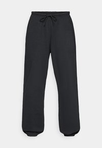 Sorte joggebukser med elastisk midjebånd, justerbar snor og elastiske mansjetter ved anklene. Laget av et mykt, teksturert stoff.