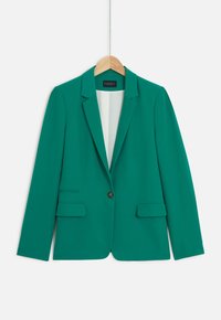 Blazer verde realizzato in tessuto liscio con risvolto classico, chiusura a un pulsante, due tasche frontali e interno foderato.