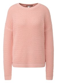 Pull en tricot rose avec un motif de point texturé, col rond et finitions côtelées aux manches et à l'ourlet. Coupe régulière, manches longues, sans fermetures visibles.